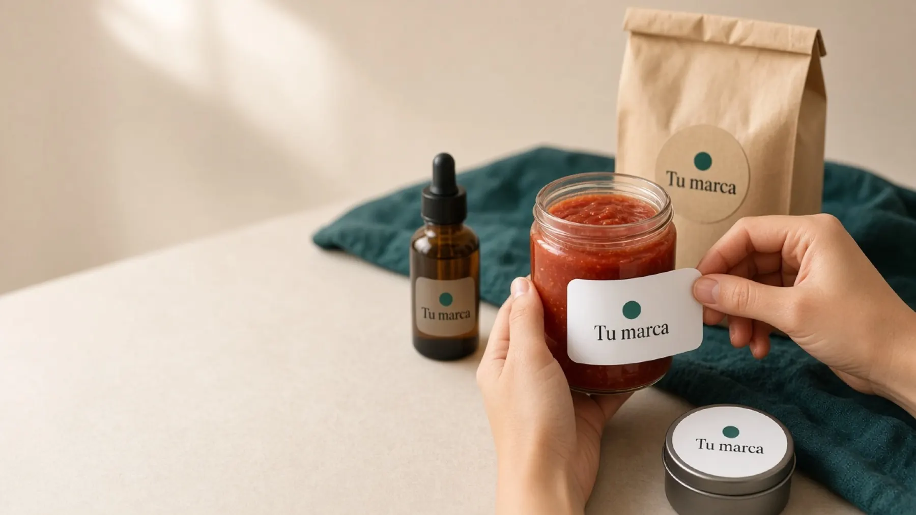 Manos aplicando una etiqueta personalizada a un frasco de salsa, junto a una bolsa de café kraft, un gotero ámbar y una lata de vela con etiquetas de la misma marca.