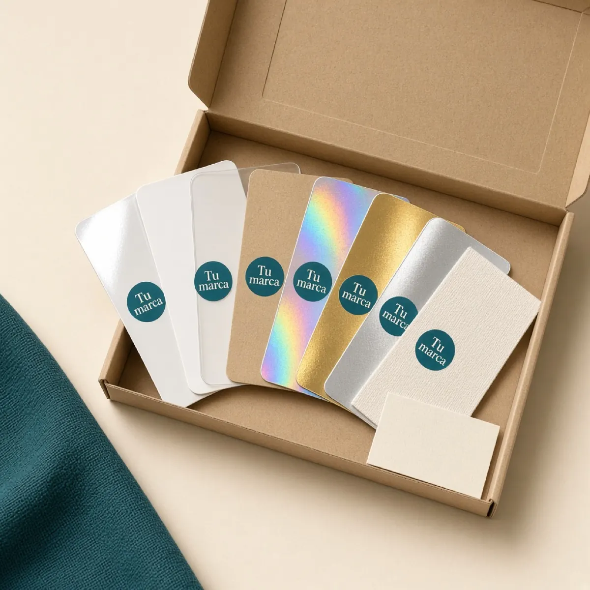 Caja kraft abierta con ocho muestras de materiales para etiquetas: brillante, mate, transparente, kraft, holográfico, oro, plata y texturizado.